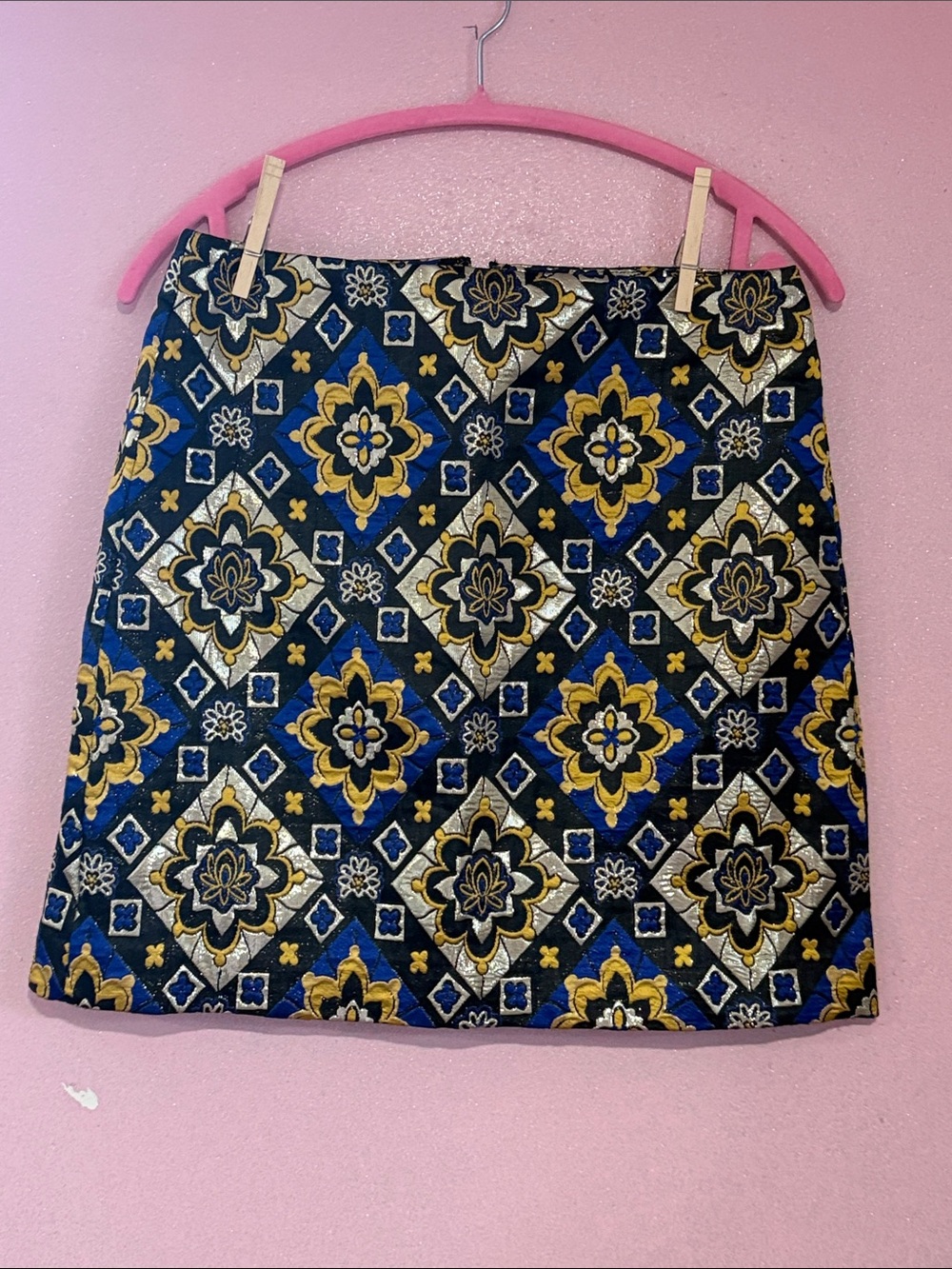 LOFT Blue and Gold Patterned Jacquard Mini Skirt